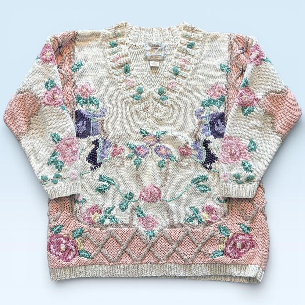 Vintage Ninon De Lenclos Sweater Womens Small Floral Ramie Cotton Knit V-Neck